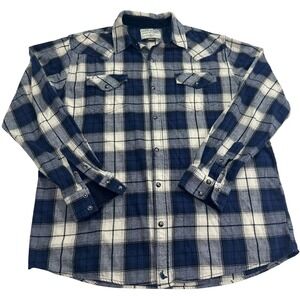 Mens Western Plaid Button-Down Shirt Navy & White Long Sleeve Cotton Blend Large